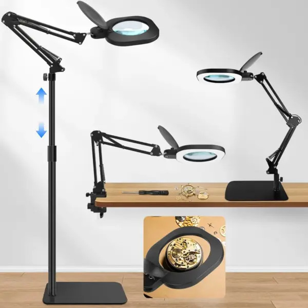 15X Real Glass Magnifying Lamp, 3-in-1 LED Desk Lamp with Base, Clamp & Floor Stand, 5 Color Modes, Stepless Dimmable, Adjustable Swing Arm for Repair Reading Crafts