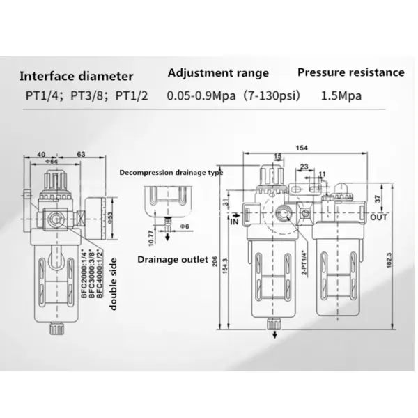 1/2 Inch Air Filter Regulator with Pressure Gauge Oil Water Separator for Pneumatic Tools Air Compressor Line