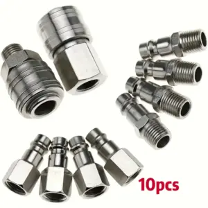 10pcs Euro Air Compressor Fitting Kit - 1/4" BSP Male/Female Couplers, Quick Release, Steel Zinc Plated Rust-Resistant