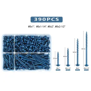 390pcs Pocket Hole Screws Assortment Kit #8 x 1, 1-1/4", 2", 2-1/2" Blue Anti-Rust Coarse Thread Wood Screws with Square Drive