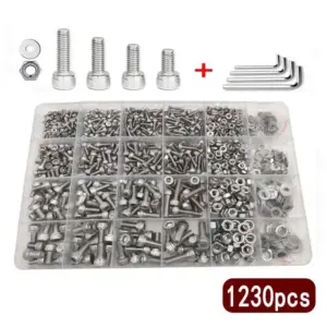 1230Pcs Hex Socket Head Screws Nuts Washers Assortment Set M2.5M3M4M5 Stainless Steel Socket Cap Bolts Kit with 4 Allen Wrenches
