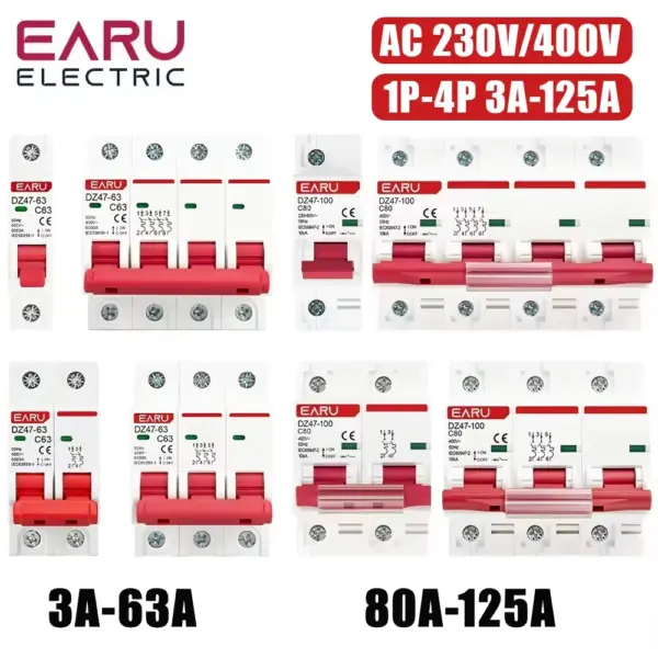 1P 2P 3P 4P DZ47 3A-125A AC 230V 400V Type C Mini Circuit Breaker MCB Short Overload Protector Din Rail Mount Breaking Capacity