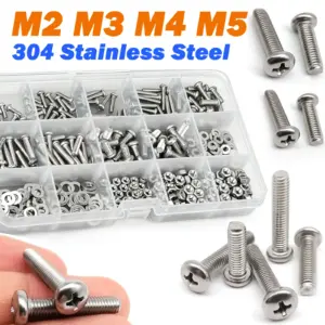 Cross Round Head Screw Assortment Kit M2 M3 M4 M5 304 A2 Stainless Steel Phillips Pan Head Bolt Screw Nut Washer Set Box