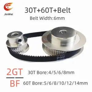 60T 30Teeth 2GT Pulley Belt Kit Belt Width 6mm Reduction 2:1 Bore 4~14mm 3D Printer Synchronous Wheels 2M GT2 Timing Pulley Set