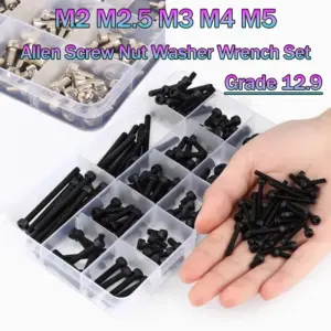 M2 M2.5 M3 M4 M5M6 Black/Nickel Plated Grade 12.9 Steel Hexagon Hex Socket Cap Head Screw Bolt Nut Washer Set Assortment Kit Box