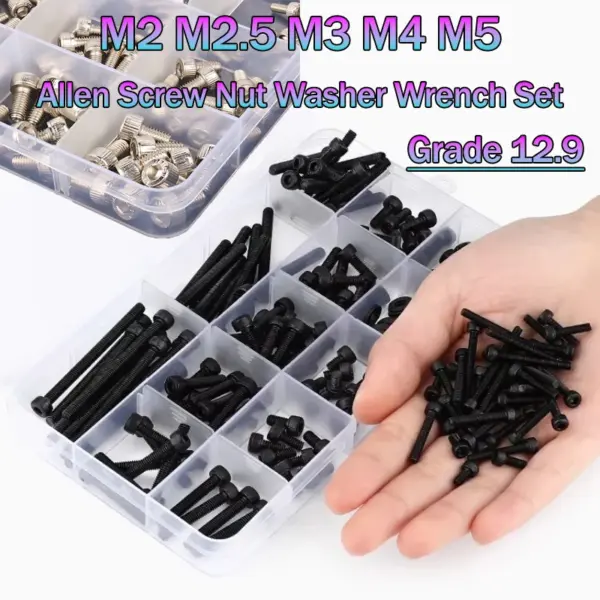 M2 M2.5 M3 M4 M5M6 Black/Nickel Plated Grade 12.9 Steel Hexagon Hex Socket Cap Head Screw Bolt Nut Washer Set Assortment Kit Box