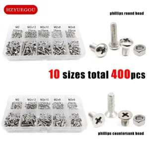 400pcs M2 M3 10 Sizes Phillips Pan Round Head Flat Countersunk Head Screw Bolt Nut Set Mix Kit Box 304 A2-70 Stainless Steel