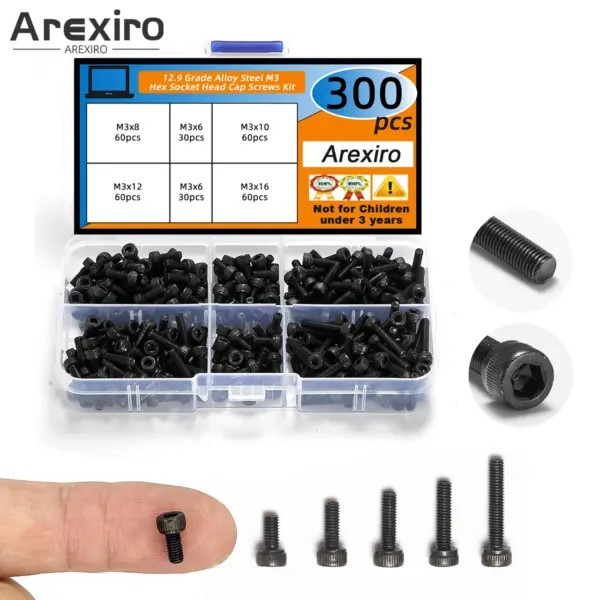 300Pcs M3x6/8/10/12/16mm Screws Assortment, Metric Hex Head Bolts, Small Screws for 3D Printer DIY Black 12.9 Grade Alloy Steel