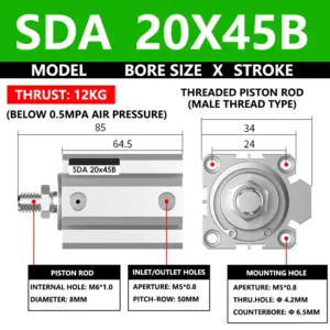 ABILKEEN SDA20X45B SDA Series Thin Air Cylinder 20MM Male Thread Bore X 45MM Stroke Double Acting Pneumatic Compact Cylinder