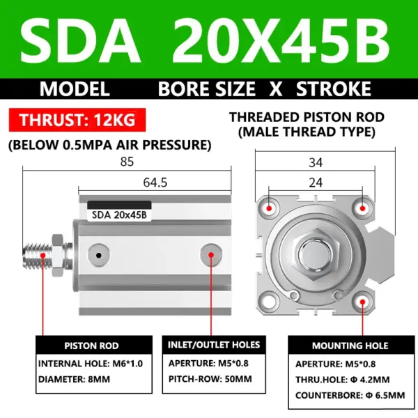 ABILKEEN SDA20X45B SDA Series Thin Air Cylinder 20MM Male Thread Bore X 45MM Stroke Double Acting Pneumatic Compact Cylinder