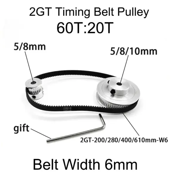 GT2 2M 20/ 60 Teeth 1:3 Reduction Ratio 3D Printer Part Width 6mm Synchronous Wheel Belt 200/280/400/610mm Aperture 5/8/10mm