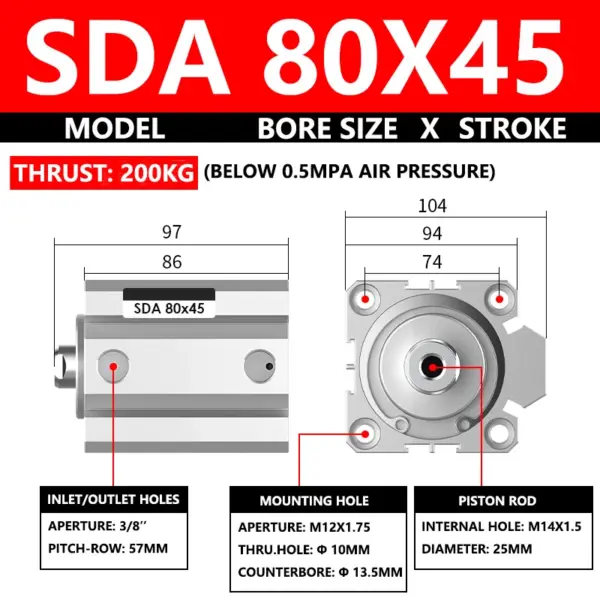 ABILKEEN SDA80X45 SDA Series Thin Air Cylinder 80MM Female Thread Bore X 45MM Stroke Double Acting Pneumatic Compact Cylinder