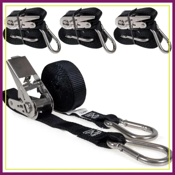 Stainless Steel Ratchet Straps with Carabiner Hooks 1" x 10' (4-Pack), 500 LBS Break Strength, Marine Tie Down Straps for Boats, ATVs, Camping