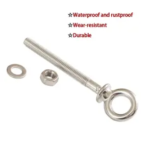 304 Stainless Steel Long Eye Bolts with Washer Nut Included - M6/M8/M10/M12 Sizes, Heavy-Duty for Lifting Applications