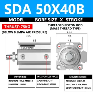 ABILKEEN SDA50X40B SDA Series Thin Air Cylinder 50MM Male Thread Bore X 40MM Stroke Double Acting Pneumatic Compact Cylinder