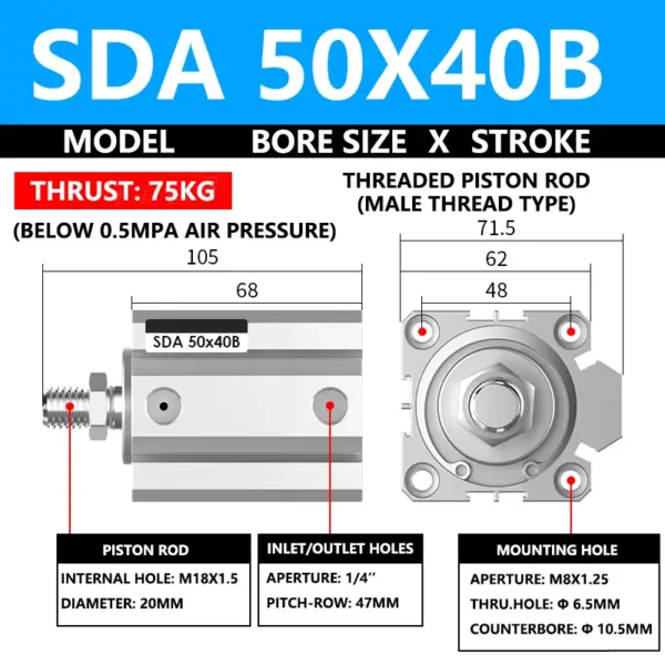 ABILKEEN SDA50X40B SDA Series Thin Air Cylinder 50MM Male Thread Bore X 40MM Stroke Double Acting Pneumatic Compact Cylinder