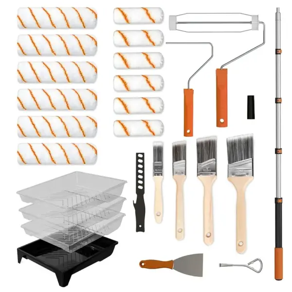 Paint Roller Kit, 27 Piece Paint Supplies, 94 Paint Rollers, 1-4FT Extension Pole, Paint Brushes for Walls, Microfiber Rol