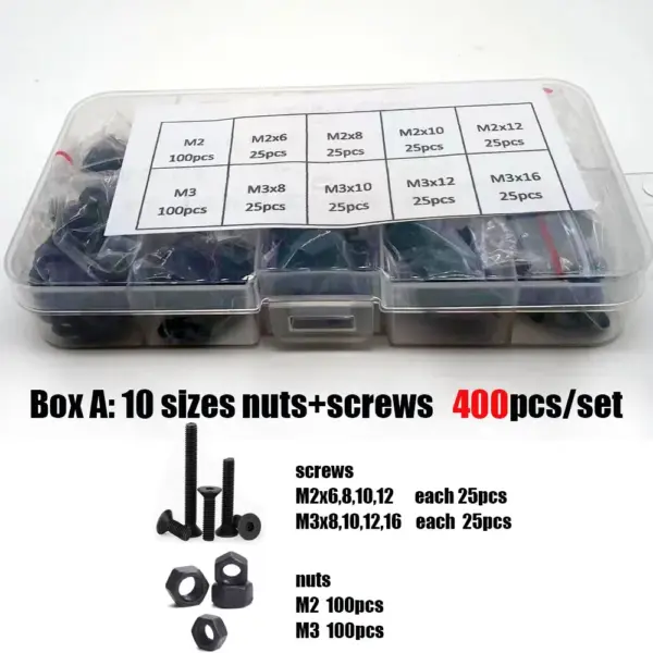 400/1140Pcs M1.6M2 M2.5 M3 M4 M5 10.9 Grade Black Steel Hex Socket Countersunk Head Screw Set Bolt and Nut Washer Assortment Kit