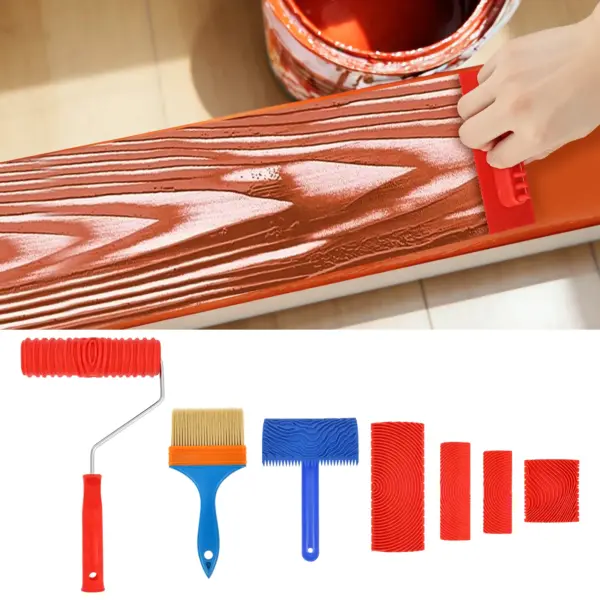 7Pcs Wood Grain Tool Set Soft Rubber Wood Grain Painting Tool Exquisite Textured Pattern Roller for Home Decoration Wall Floor