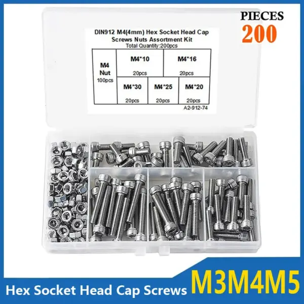 M3 M4 M5 Hex Hexagon Socket Cap Head Screw Set 304 Stainless Steel DIN912 Screw Bolt and Nut Assortment Kit 150/220/300PCS