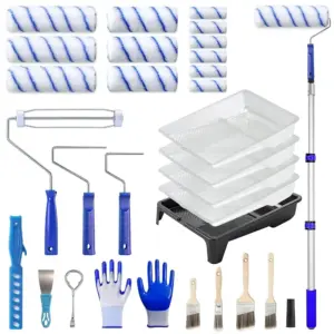 30Pcs Paint Roller Kit with Extension Pole 3.93Ft, 9&6&4 Microfiber Paint Rollers,Painting Tray and Liners,4 Brushes and G