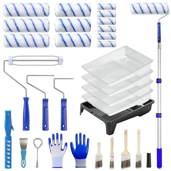 30Pcs Paint Roller Kit with Extension Pole 3.93Ft, 9&6&4 Microfiber Paint Rollers,Painting Tray and Liners,4 Brushes and G