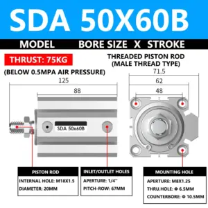 ABILKEEN SDA50X60B SDA Series Thin Air Cylinder 50MM Male Thread Bore X 60MM Stroke Double Acting Pneumatic Compact Cylinder