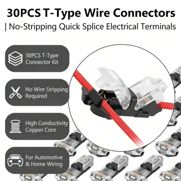 30Pcs 3 Way 1 Pin T-Tap Wire Connectors 16-20 AWG Quick Splice Terminals Splitter for Automotive Marine Electrical Wiring Kit