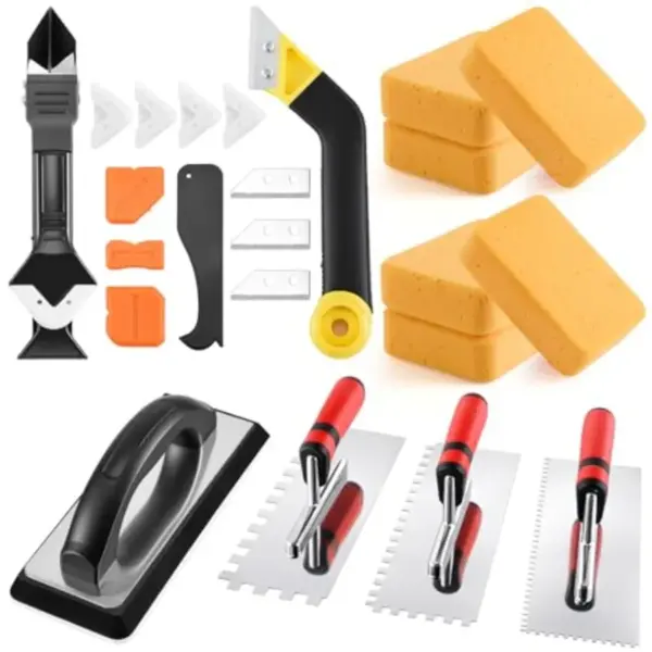 23 Pcs Tile and Grout Tool Sets Silicone Caulking Remover Tools Stainless Steel Notch Trowel Molded Rubber Grout Float 6 Sponge