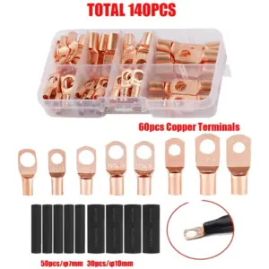140Pcs Copper Wire Lugs AWG 2 4 6 8 10 12 Battery Cable Ends with 80Pcs Heat Shrink Tubing Set 60Pcs Ring Terminal Connector Kit