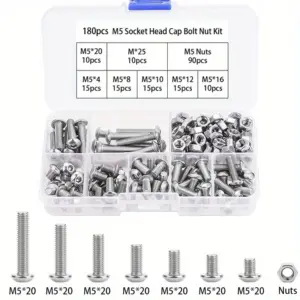 180pcs Stainless Steel Round Head Hexagon Socket Screws Bolt Nut Kit M5 Repair Screw DIY Hardware Fasteners Tool Set