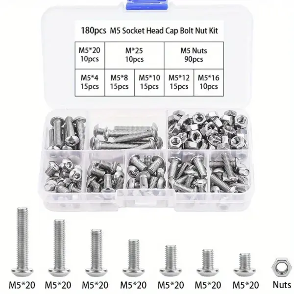 180pcs Stainless Steel Round Head Hexagon Socket Screws Bolt Nut Kit M5 Repair Screw DIY Hardware Fasteners Tool Set