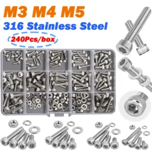 Machine Screw Assortment Kit M3 M4 M5 316 Stainless Steel Hexagon Hex Socket Cap Allen Head Bolt Screw Nut Flat Washers Set box