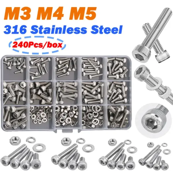 Machine Screw Assortment Kit M3 M4 M5 316 Stainless Steel Hexagon Hex Socket Cap Allen Head Bolt Screw Nut Flat Washers Set box