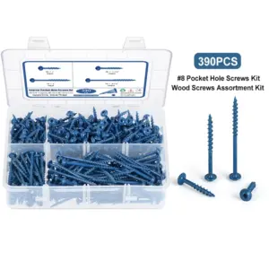 390pcs Pocket Hole Screws Assortment Kit #8 x 1, 1-1/4", 2", 2-1/2" Blue Anti-Rust Coarse Thread Wood Screws with Square Drive