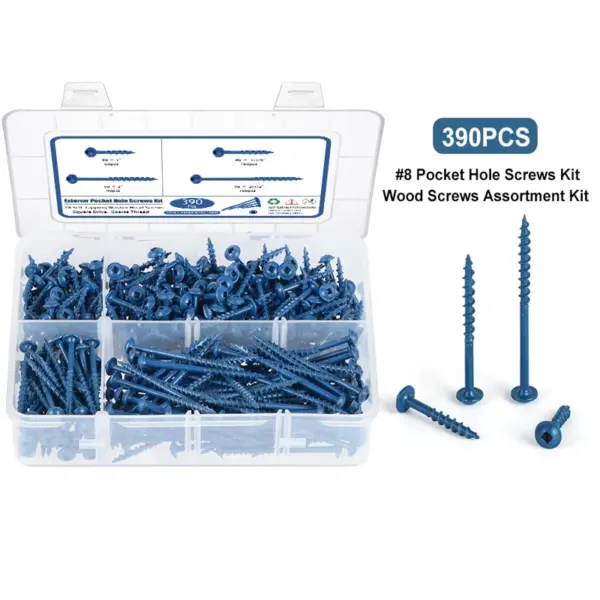 390pcs Pocket Hole Screws Assortment Kit #8 x 1, 1-1/4", 2", 2-1/2" Blue Anti-Rust Coarse Thread Wood Screws with Square Drive