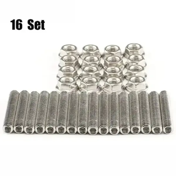 16set Hexagonal Flange Anti Lock Nut Fully Threaded Bar Stainless Steel Bolt Exhaust Manifolds Stud for Ford 4.6 & 5.4 Liter V8