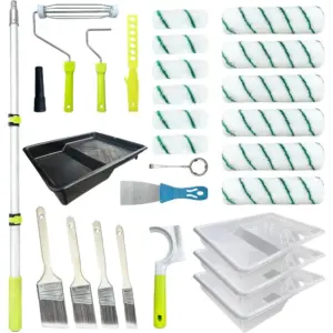 Professional 28 Piece Paint Roller Set with Extension Pole 2 4ft and Cleaning Tool for Walls Ceilings