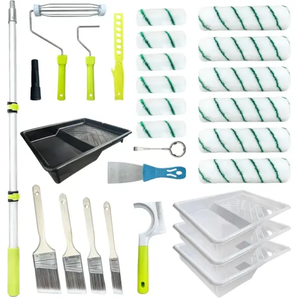 Professional 28 Piece Paint Roller Set with Extension Pole 2 4ft and Cleaning Tool for Walls Ceilings