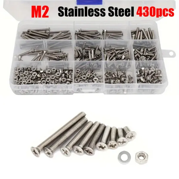 430piece set of M2 stainless steel Phillips head screws and nuts, multi-purpose fasteners, for DIY projects and furniture repair