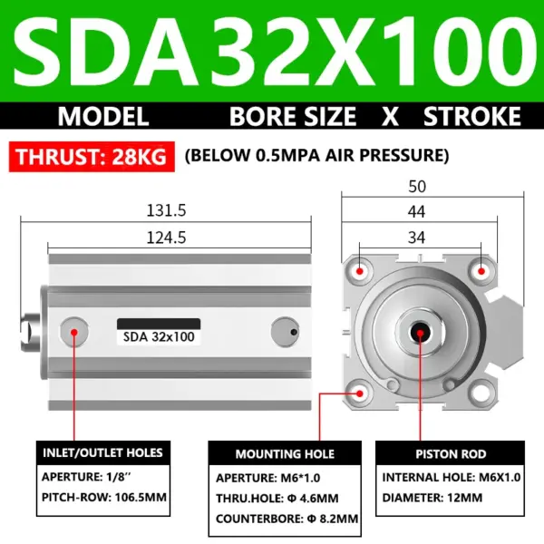 ABILKEEN SDA32X100 SDA Series Thin Air Cylinder 32MM Female Thread Bore X 100MM Stroke Double Acting Pneumatic Compact Cylinder