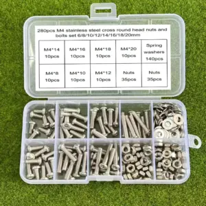 280-piece set of M4 stainless steel Phillips head bolts and nuts (8/10/12/14/16/18/20mm), for home repairs and DIY.