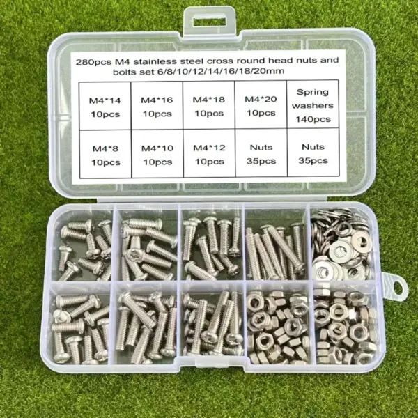 280-piece set of M4 stainless steel Phillips head bolts and nuts (8/10/12/14/16/18/20mm), for home repairs and DIY.