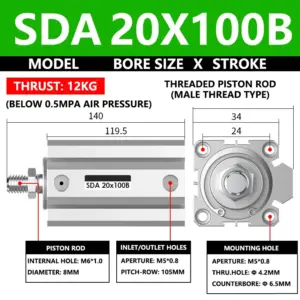 ABILKEEN SDA20X100B SDA Series Thin Air Cylinder 20MM Male Thread Bore X 100MM Stroke Double Acting Pneumatic Compact Cylinder
