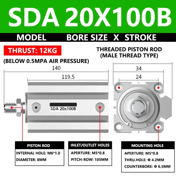ABILKEEN SDA20X100B SDA Series Thin Air Cylinder 20MM Male Thread Bore X 100MM Stroke Double Acting Pneumatic Compact Cylinder