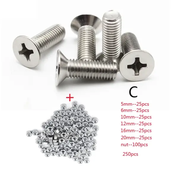 250pc/set A2 Stainless Steel M3 Cap/Button/Flat Head Screws Sets Hex Socket Bolt With Hex Nuts Assortment Kit
