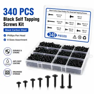340Pcs Black Carbon Steel Self-Tapping Screw Assortment Kit Phillips Head Wood Screws Set M3 M3.5 M4 M5 Hardware Fasteners