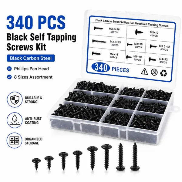 340Pcs Black Carbon Steel Self-Tapping Screw Assortment Kit Phillips Head Wood Screws Set M3 M3.5 M4 M5 Hardware Fasteners