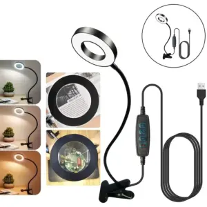 Adjustable LED desk lamp has 3 color modes and a 5x magnifying glass. It is powered by USB and has a retractable neck clip. It i