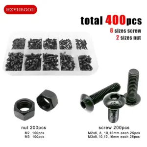 400pcs M2 M3 10 Sizes Allen Hexagon Hex Socket Button Head Screw Bolt Hex Nut Set Mix Assortment Kit Box Black Grade 10.9 Steel